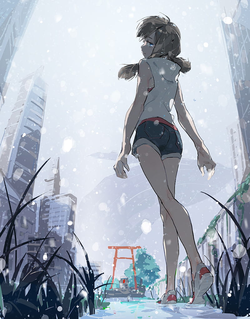 anime, anime girls, digital art, artwork, portrait display, vertical, 2D, snow, low-angle, worm's eye view, skyscraper, building, HD phone wallpaper