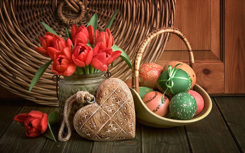 Happy Easter!, heart, tulips, eggs, wooden, still life, easter, HD wallpaper