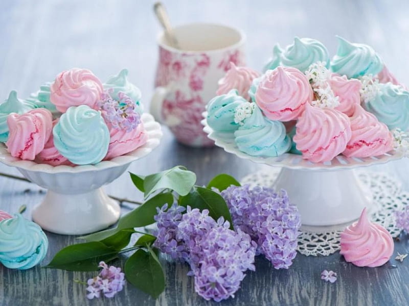colorful meringues, colorful, still life, teacups, abstract, lilacs, meringues, HD wallpaper