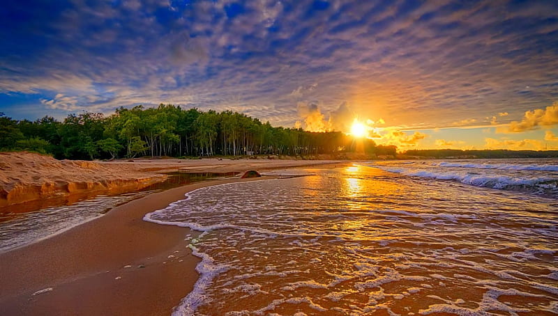 Baltic Sea Sunset, forest, beach, sand, bonito, sunset, waves, clouds, sky, HD wallpaper