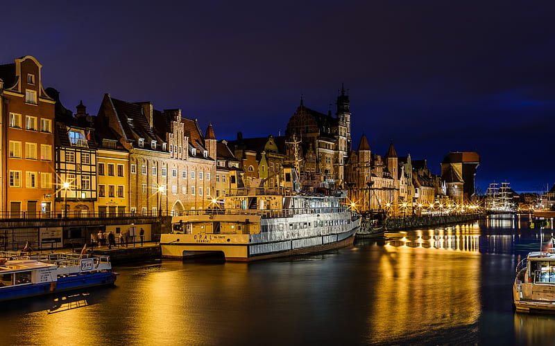 Gdansk, evening, city lights, Polish city, lanterns, embankment, Poland, HD wallpaper