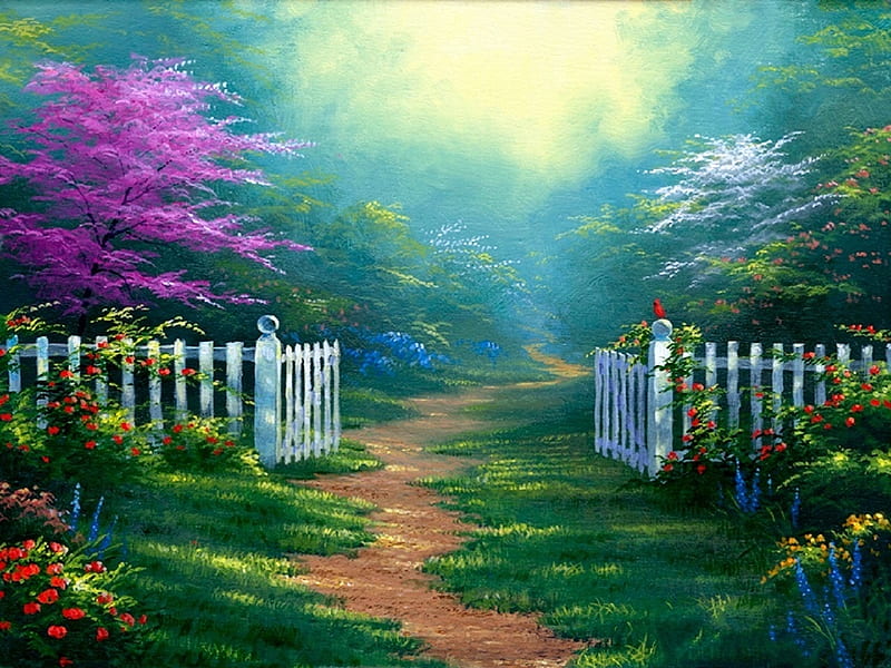 Garden Gate, fence, love four seasons, spring, attractions in dreams, paintings, walkway, summer, flowers, garden, nature, animals, HD wallpaper