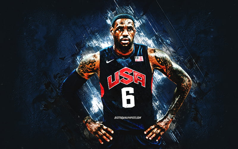 LeBron James, USA national basketball team, USA, American basketball player, portrait, United States Basketball team, blue stone background, HD wallpaper