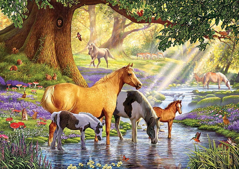 Horses by the stream, art, steve crisp, water, painting, summer, pictura, horse, animal, HD wallpaper