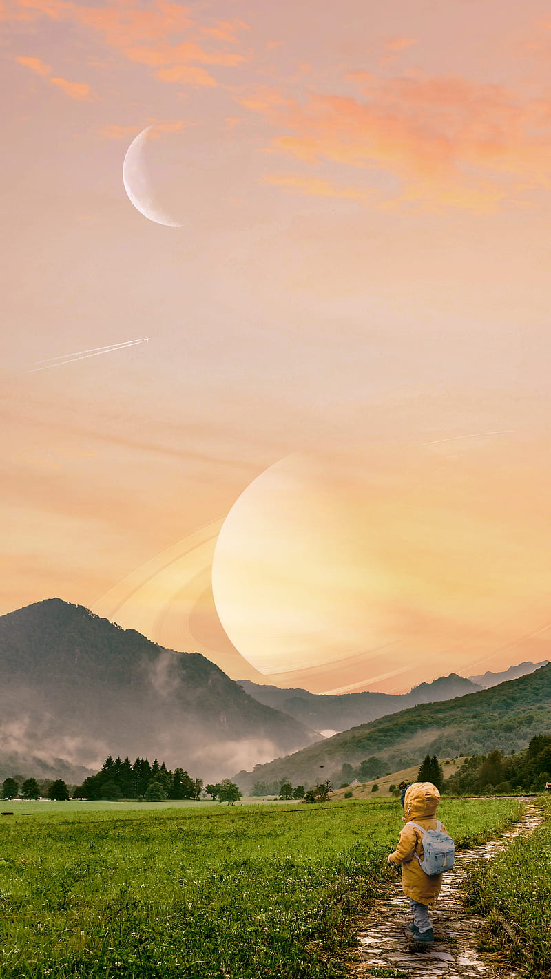 Saturn sunset, Aaron, clouds, moon, red, sky, space, space art, surreal, universe, HD phone wallpaper