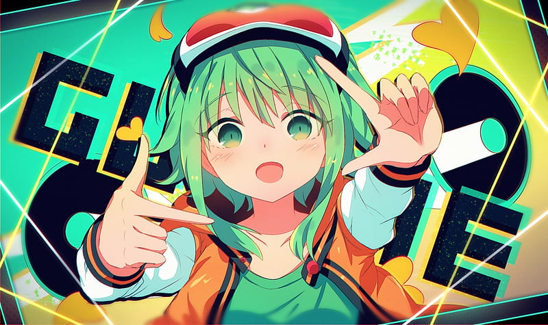 gumi, vocaloid, green hair, fingers, camera gesture, Anime, HD wallpaper