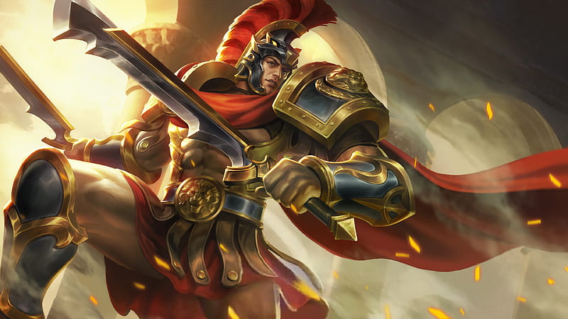 Lapu Lapu Imperial champion, mobile legends, armor, red, warrior, fantasy, man, HD wallpaper