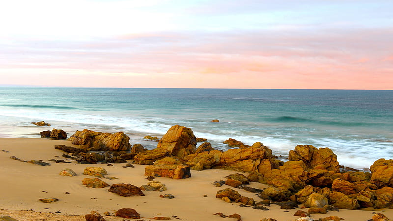 Stones On Beach Sand Ocean Waves In Light Pink Blue Clouds Sky Background Nature, HD wallpaper