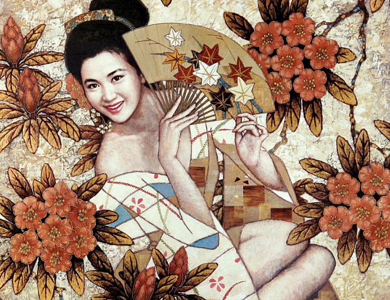 Oriental beauty, art, orange, karl bang, smile, woman, girl, painting, flower, fan, white, blue, HD wallpaper
