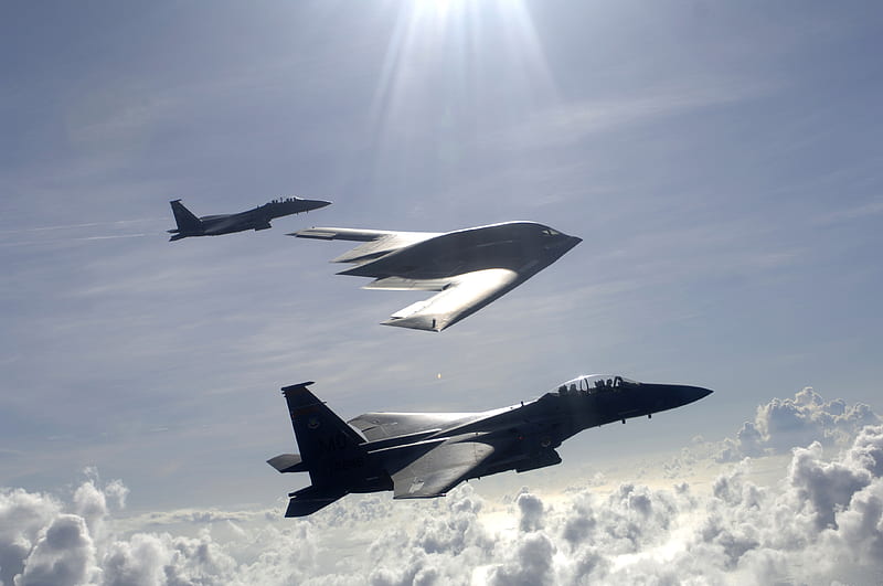 2 F-15s, 1 B-2, and a UFO, jet, ray, HD wallpaper