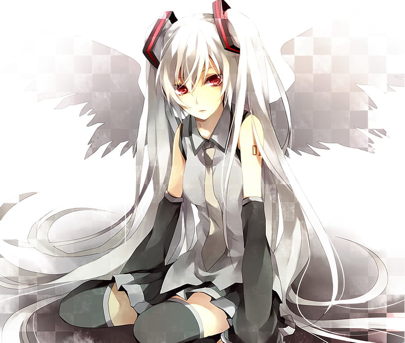 miku in white, checkerboard, cute, vocaloid, pretty, wings, girl, wing, red eyes, HD wallpaper