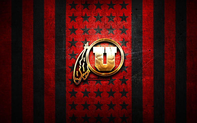 Utah Utes flag, NCAA, red black metal background, american football team, Utah Utes logo, USA, american football, golden logo, Utah Utes, HD wallpaper