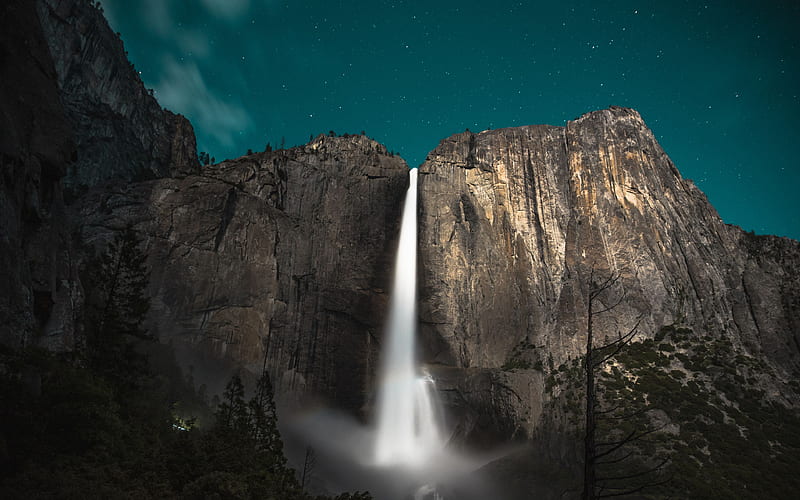 Yosemite Falls darkness, waterfalls, mountains, Yosemite, USA, America, Yosemite National Park, HD wallpaper