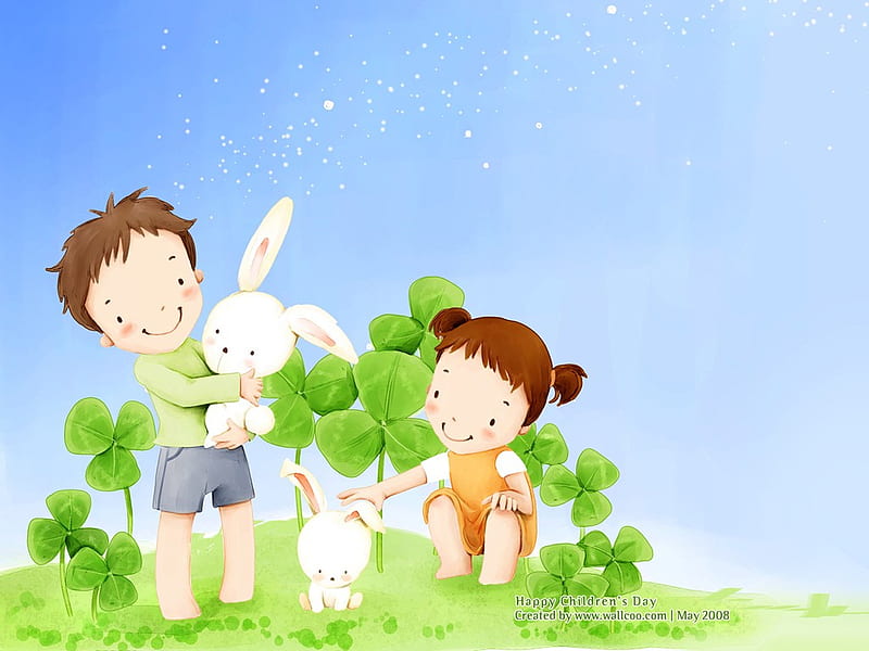 Niños jugando con conejos, conejo, niño, niña, hierba, dibujo, Fondo de  pantalla HD | Peakpx