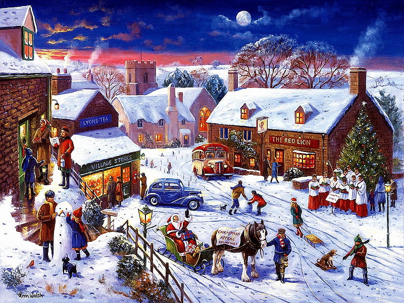 Winter Village, inn, snow, houses, people, painting, horse, kevin walsh, sleigh, christmas, church, HD wallpaper