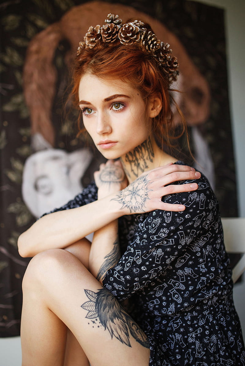 women, women indoors, model, tattoo, looking into the distance, redhead, HD phone wallpaper