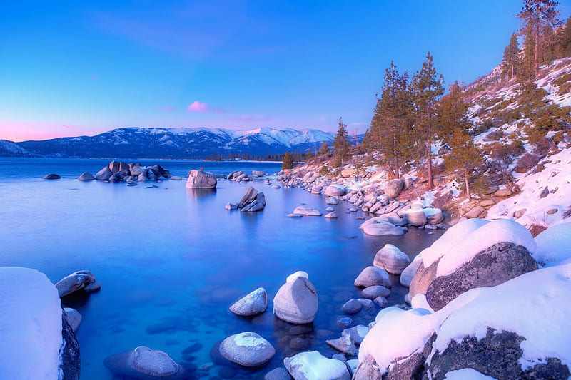 Lake Tahoe in winter, shore, bonito, sky, lake, winter, mountain ...