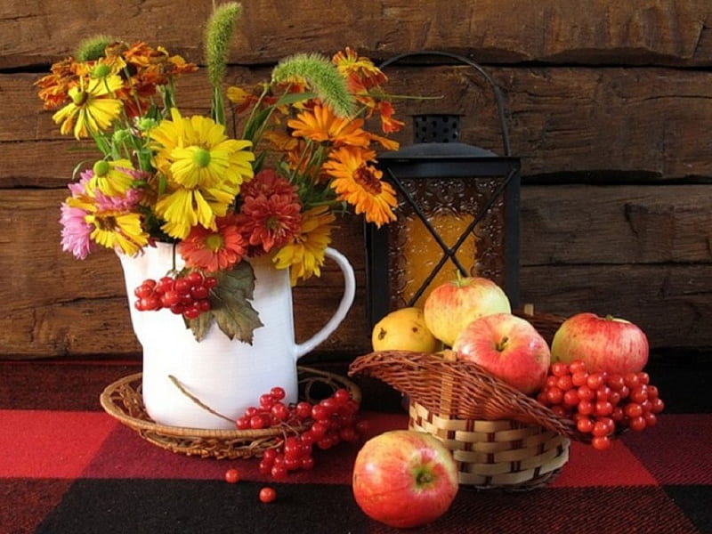 Autumn Still Life, baskets, Fall, table, lantern, apples, pitcher, vase, still life, berries, bouquet, flowers, Autumn, wood, HD wallpaper