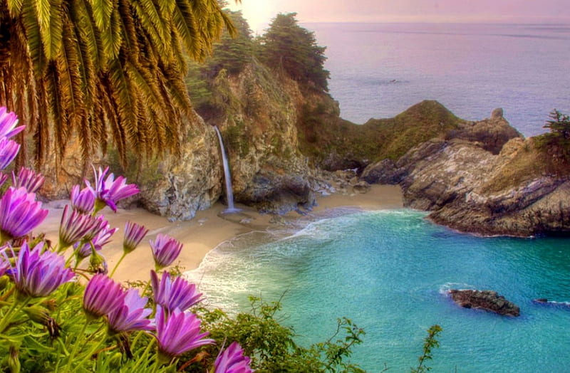 McWay falls, McWay, rocks, shore, view, ocean, bonito, sea, beach, mountain, water, waterfall, flowers, bay, falls, HD wallpaper