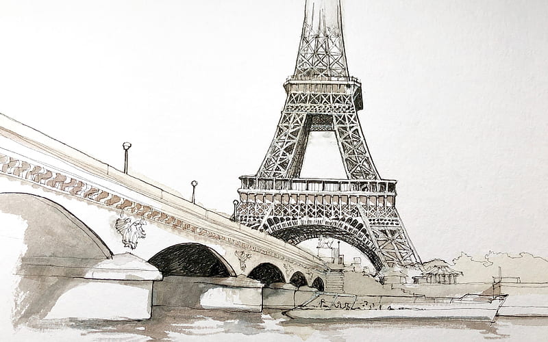 Paris, drawing, Eiffel Tower, Jena Bridge, Seine, landmarks, painted with pencils Paris, cityscape, HD wallpaper