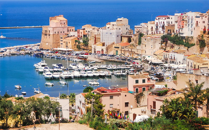 Castellammare del Golfo, Sicily, bay, yachts, summer, mediterranean sea, Italy, Trapani Province, HD wallpaper