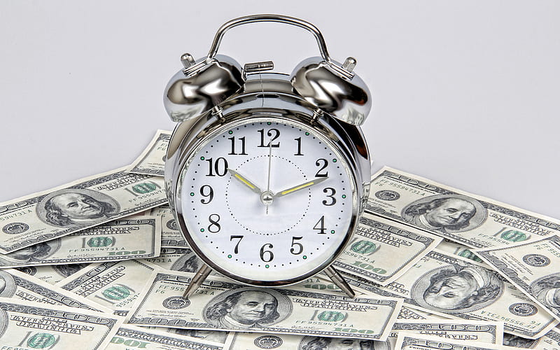 Time is money, silver alarm clock, money concepts, american dollars, finance concepts, money background, business, HD wallpaper