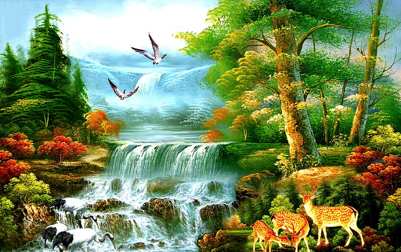 PARADISE, forest, painting, birds, deers, waterfalls, HD wallpaper