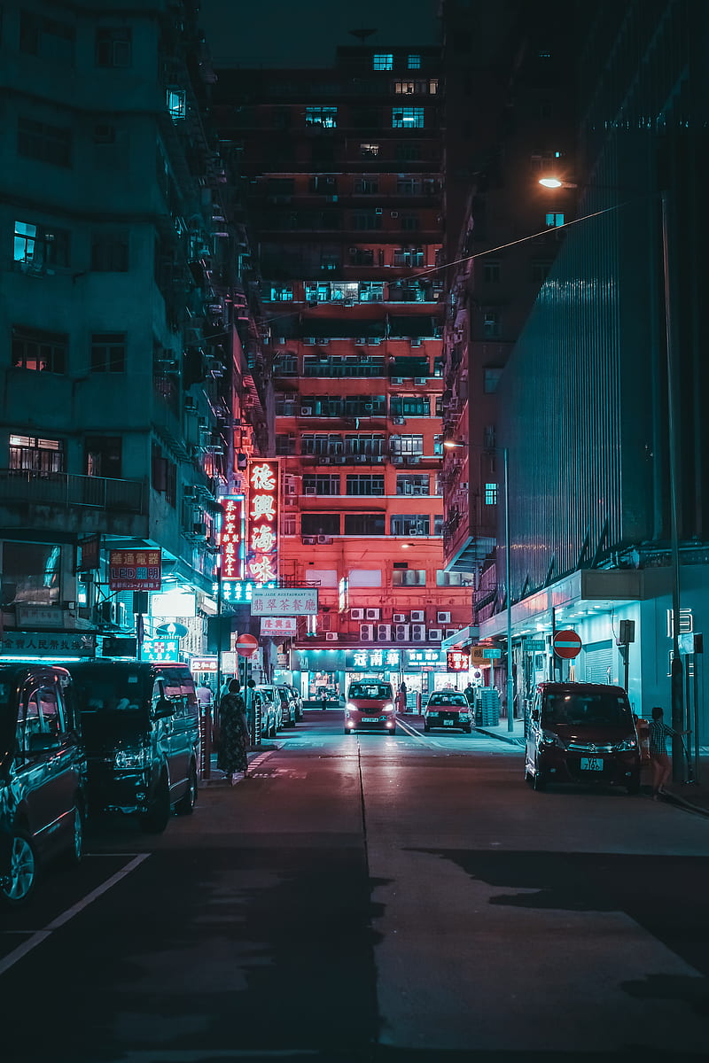 night city, street, lights, buildings, carros, people, HD phone wallpaper