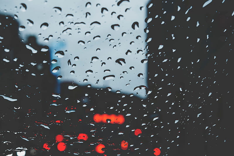 glass, drops, rain, glare, bokeh, red, black, HD wallpaper