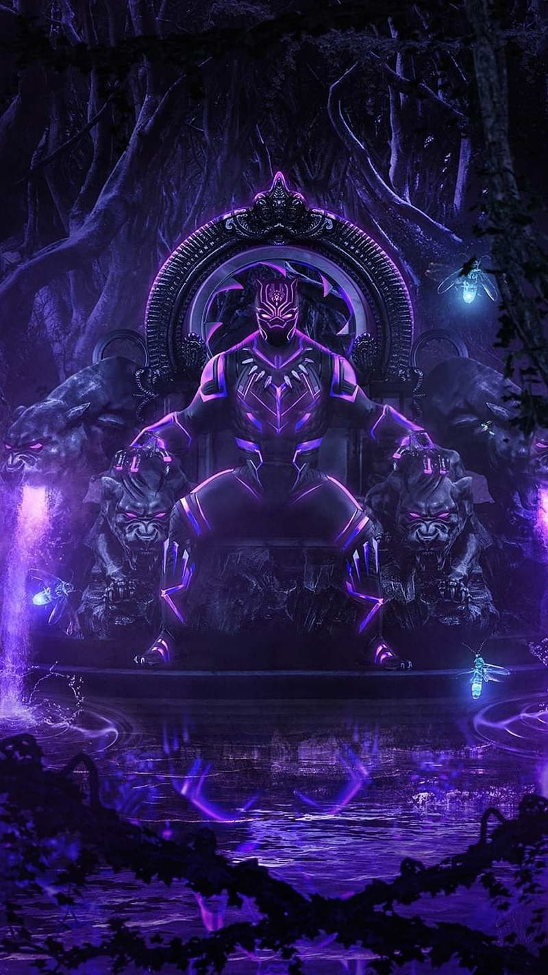 Black Panther Sitting On Throne, black panther , sitting, throne, purple, marvel, movie, HD phone wallpaper