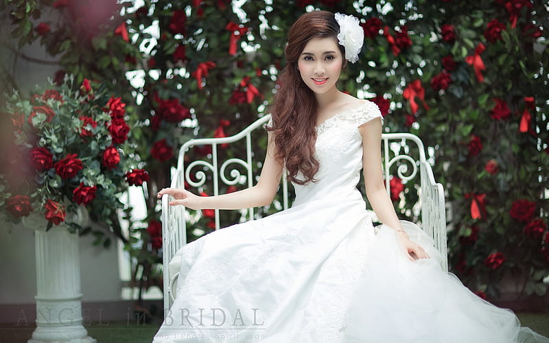 Angel in Bridal, pretty, vietnamese, female, dress, rose, gown, bonito, wedding, woman, vietnam, brunette, girl, flowers, asian, beauty, white, HD wallpaper