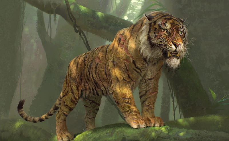 Shere Khan, art, luminos, big cat, tiger, michael kutsche, animal, fantasy, jungle, the jungle book, tigru, HD wallpaper