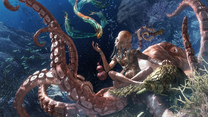 octopus, fish, eel, ocean, man, HD wallpaper