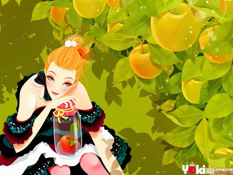 **RED APPLE GIRL**, pretty, chic, women, sweet, paintings, jar, anime, illustrations, face, art, lovely, apples, vectors, red apple, scent, lips, trees, softness, cute, cool, digital, eyes, artistic, colorful, dress, bonito, fragrance, CG, hair, leaves, gentle, girls, female, fruites, colors, leaf, tender touch, HD wallpaper