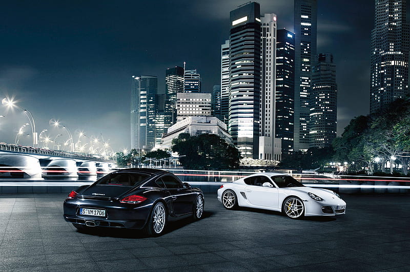 Porsche Cayman, germany, buildings, frankfurt, black, skyline, porsche, car, cayman, white, HD wallpaper