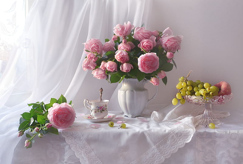 Still life, Napkin, Roses, Flowers, Bouquet, HD wallpaper