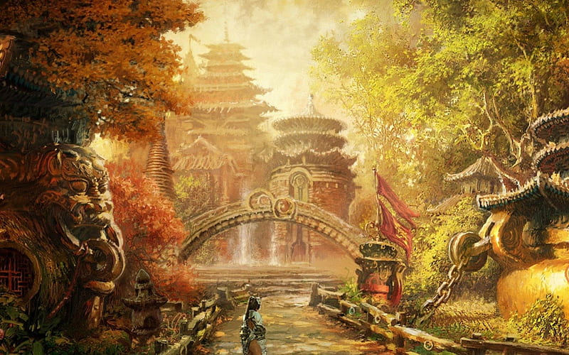 Asian autumn, orange, game, yellow, dragon, tree, fantasy, bridge, oriental, asian, temple, HD wallpaper
