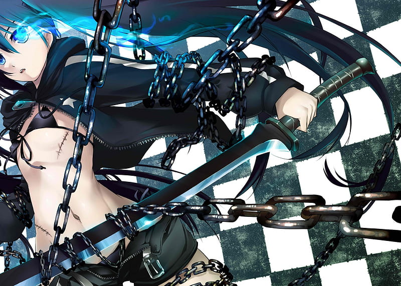 Black Rock Shooter, Black, Cant think of a fourth, Checker Board, White, Blu, HD wallpaper