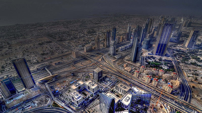 city view of dubai from the top r, city, highways, view, r, skyscrapers, HD wallpaper
