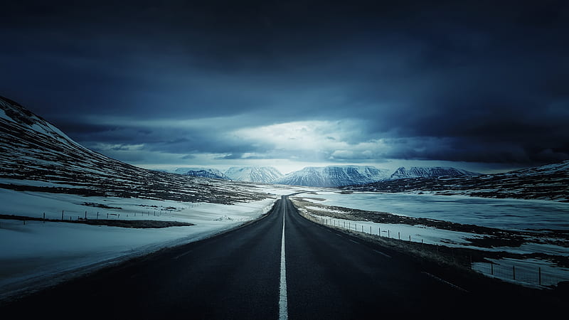 Iceland's Ring Road, black, vast, clouds, winter, contemplation, snow, mountains, serene, dark, road, blue, HD wallpaper
