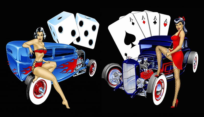 Seven and Four, aces, carros, four, cards, seven, girls, dice, hot rods, HD wallpaper