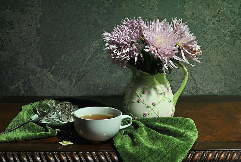 tea time, shawl, vase, bonito, tea, teacup, green, flowers, white, pink, HD wallpaper