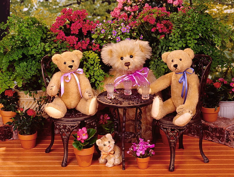 Garden Party, table, teddy, drinks, kitty, ribbons, cat, bows, teddy bears, plants, chairs, flowers, garden, kitten, teddies, HD wallpaper