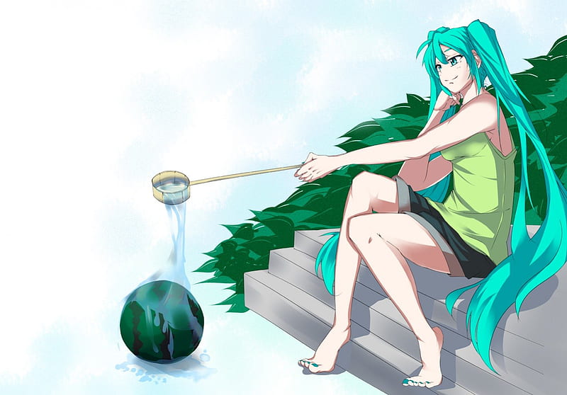 Watering my Water Melon..so bored, hatsune miku, fruit, staircase, stair, anime, hot, anime girl, vocaloids, long hair, vocaloid, female, miku, twintails, sexy, cute, hatsune, water, girl, watermelon, green hair, HD wallpaper