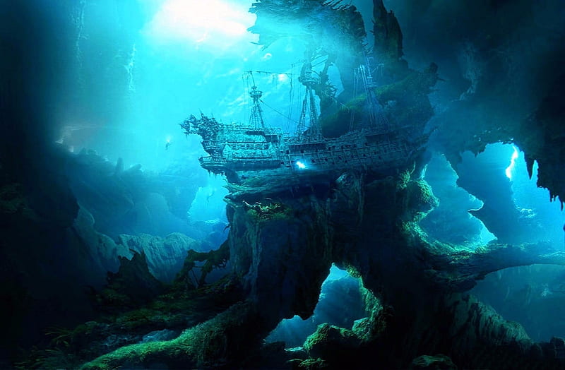 Deep in Dreams, underwater, oceans, love four seasons, attractions in dreams, creative pre-made, digital art, sea, boat, fantasy, ship, shipwreck, manipulation, HD wallpaper