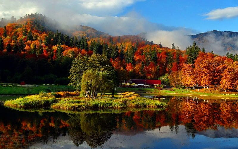 Misty Autumn Mountains, Moutains, Misty, Autumn, Nature, Reflection, HD wallpaper