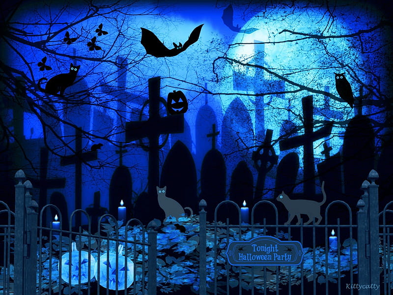 ☻ Blue Halloween ☻ , bats, halloween, moth, fantasy, moon, darkness, graveyard, night, gate, owl, blue halloween, halloween party, cemetery, tombstones, butterflies, trees, cat, candles, rat, cats, pumpkins, HD wallpaper