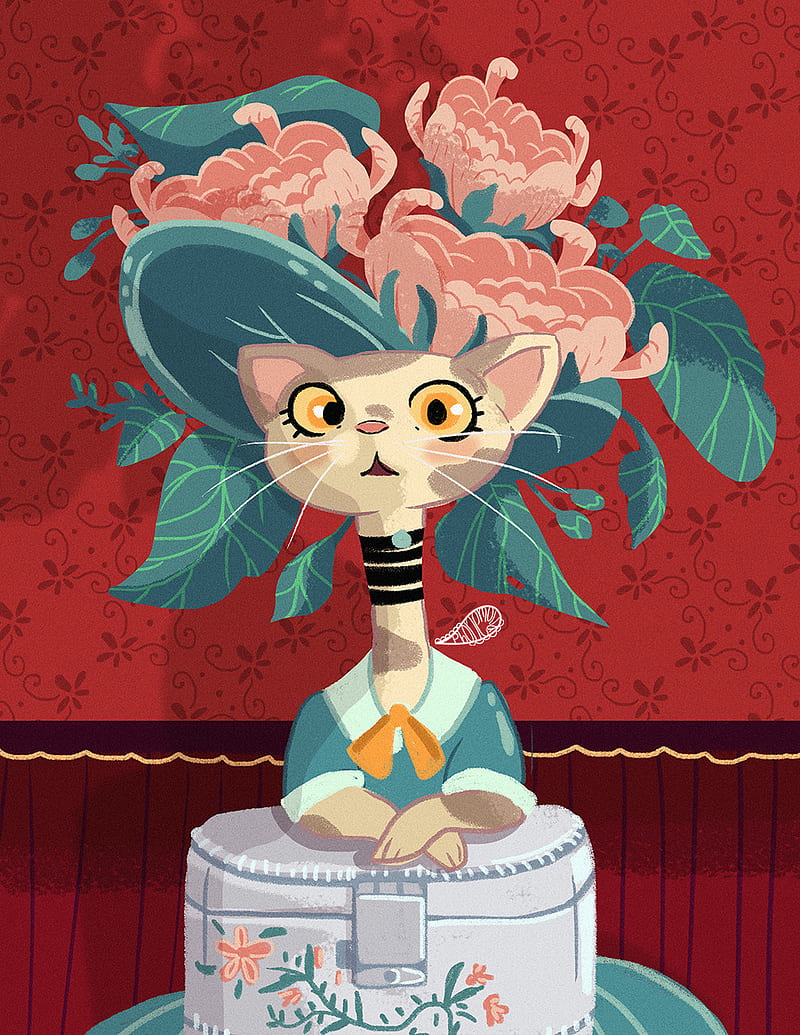 Vanessa Morales, illustration, colorful, cats, hat, flowers, dress, animals, HD phone wallpaper