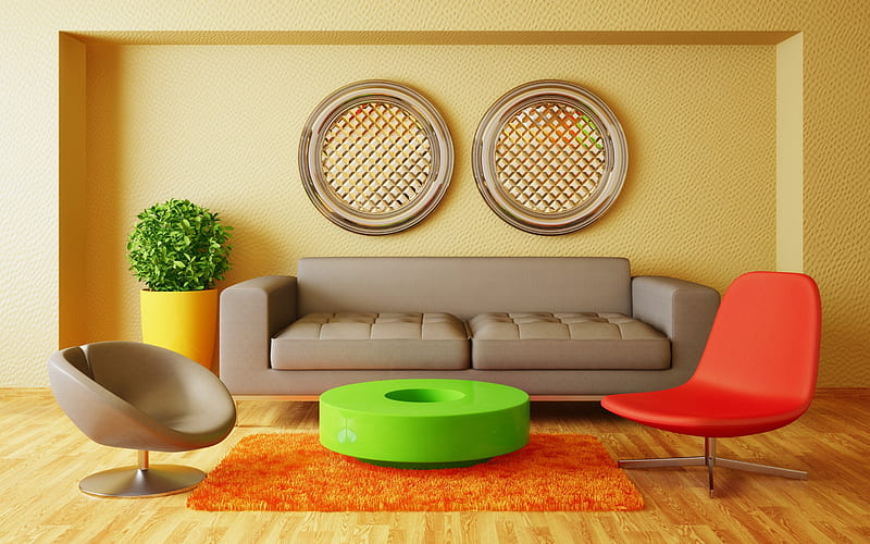 living room, minimalism style, desenho, modern interior design, yellow living room, stylish interior, HD wallpaper