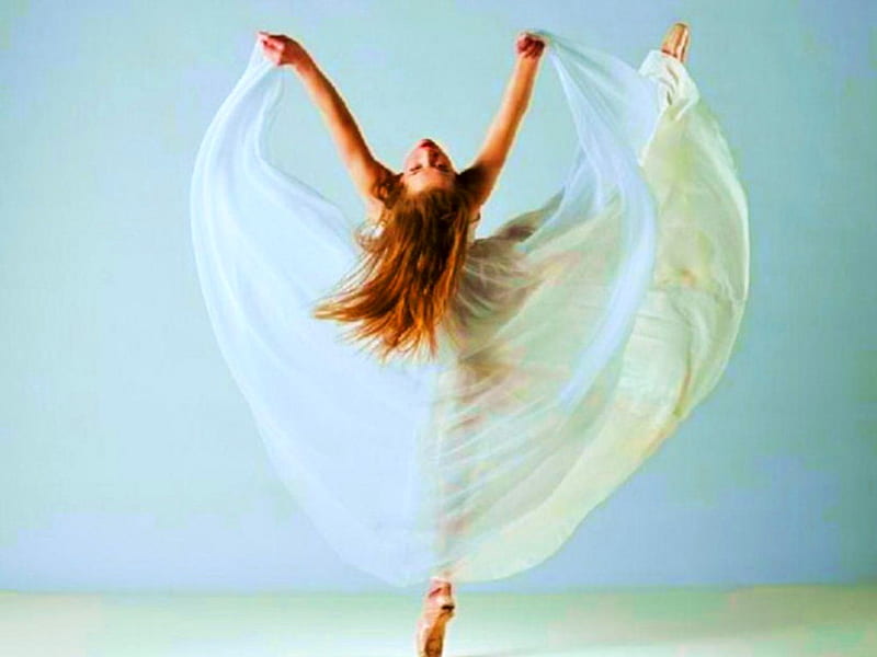Dance like no one is watching, dom, dance, white dress, long hair, joy, woman, blue, HD wallpaper